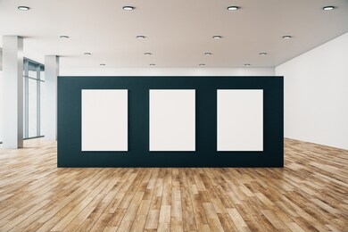 contemporary gallery interior with empty poster and city view, daylight. wooden floor. mock up, 3d rendering 
