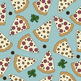 seamless pattern, italian pizza with mushrooms and sausage. background with fast food.