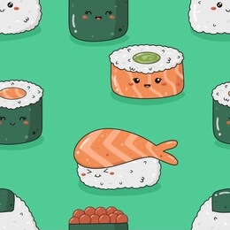 seamless pattern with kawaii sushi. background with cute japanese food. restaurant roll vector.