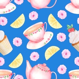 seamless pattern with cupcakes, marshmallows, lemon slice, cups and teapot. watercolor repeat background for kitchen fabric.