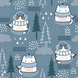seamless christmas kawaii cute cats pattern, cartoon animals background, vector illustration
