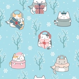 seamless christmas kawaii cute cats pattern, cartoon animals background, vector illustration
