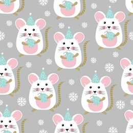 seamless white mouse pattern with snowflakes vector illustration. new year rat. funny mice.