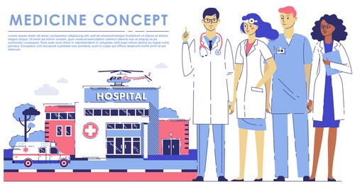 medicine team concept with different doctors on hospital background. group of practitioner doctors young man and woman standing together near clinic building . 