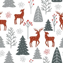 christmas seamless pattern with spruces, deer, trees and snowflakes on white background.