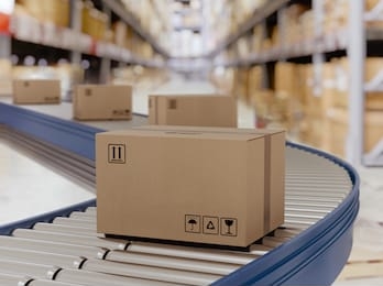 cardboard boxes on conveyor rollers ready to be shipped by courier for distribution.