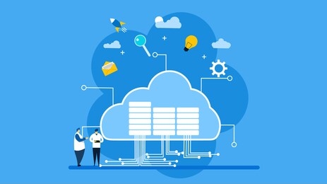cloud computing. data in database on cloud services with tiny people character concept vector illustration, suitable for web landing page,wallpaper, background,banner,book illustration