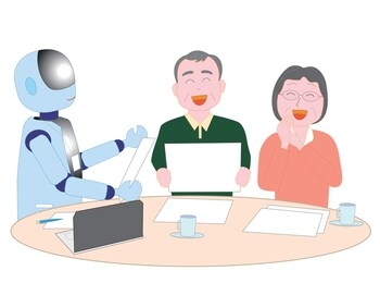 a robot salesman with artificial intelligence is talking to a senior couple about business.