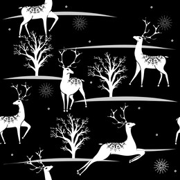 seamless hand-drawn winter pattern with deer on black background. vector hand drawn background for design and decoration textile, covers, package, wrapping paper.