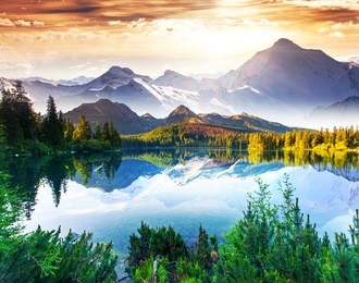 fantastic sunny day is in mountain lake. creative collage. beauty world.