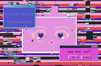 abstract futuristic background in retrowave and synthwave 80s-90s neon aesthetics style. glitched computer or tv screen with vhs video artifacts. japanese text means "vaporwave".