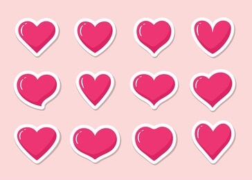 set of pink heart shaped stickers. collection of different romantic vector heart icons for web site, sticker, label, tattoo art, love logo and valentines day.