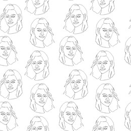seamless pattern with outline silhouette of woman portrait with long hair. modern avant- garde poster. one continuous line drawing. trendy minimalistic faces. 