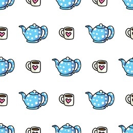 cute teapot and mug cartoon seamless vector pattern. hand drawn blue ceramic kitchen tile. all over print for hot drink blog, kitchenware graphic, household home decor. 
