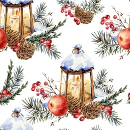 watercolor christmas natural seamless pattern of fir branches, red apple, berries, pine cones, lantern, vintage texture on white background. nature winter design wallpaper