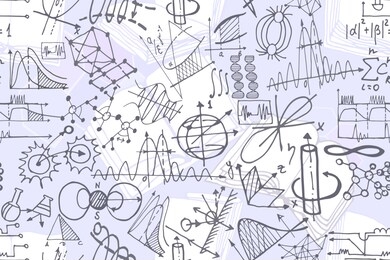 vector seamless pattern with sketch elements related to science or education. physics or chemistry abstract background with parts of decorative tools and diagrams on   white board. hand drawn.
