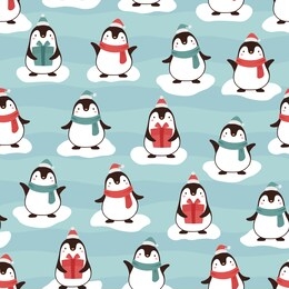 penguin seamless pattern background, cartoon christmas theme with blue wallpaper, animal vector illustration 