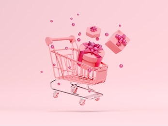 flying pink shopping cart with gift on a isolated pink background. minimal flat lay concept. 3d rendering