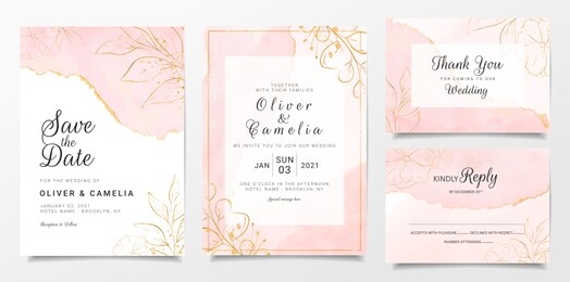 rose gold watercolor wedding invitation card template set with golden floral decoration. abstract background save the date, invitation, greeting card, multi-purpose vector
