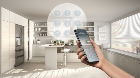 smart home technology interface on phone app, augmented reality, internet of things, interior design of modern kitchen with connected objects, woman hand holding remote control device, 3d illustration