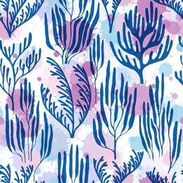 coral reef seamless pattern. paint splashes drops watercolor background. aquarium water plants summer vector design. tropical coral reef bush silhouette elements. ocean bottom summer pattern.