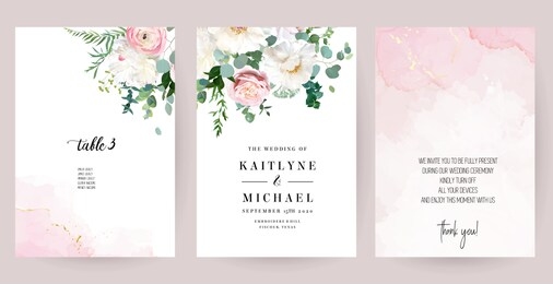 elegant wedding cards with pink watercolor texture and spring flowers. white peony, pink ranunculus, dusty rose, eucalyptus, greenery. floral vector design frame.all elements are isolated and editable
