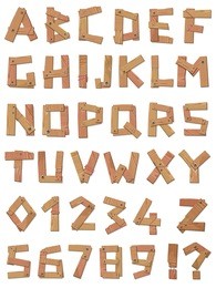 wooden vector alphabet font a to z and numbers set 0 to 9 made from strips of wood nailed together with the addition of an exclamation mark and question mark