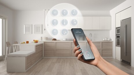 smart home technology interface on phone app, augmented reality, internet of things, interior design of modern kitchen with connected objects, woman hand holding remote control device, 3d illustration