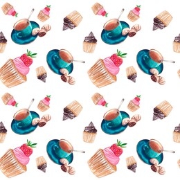 seamless pattern with watercolor illustration blue cup strawberry cupcake chocolate cupcake