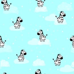 seamless sweet zebra pattern,blue sky and white clouds background, ,children's vector illustration