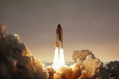 spaceship takes off on the planet mars. successful start. rocket concept 