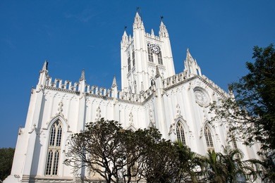 st paul's cathedral in kolkata, india. gothic style white building completed in 1847.