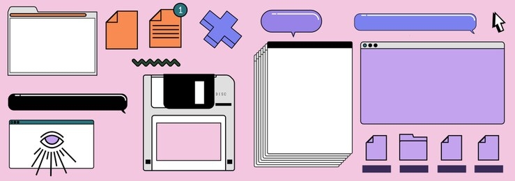 set of user interface elements: virtual screens, speech bubbles and icons of files. concept of landing page and web design. vaporwave retrofuturistic style illustration.
