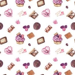 watercolor image of a seamless pattern of sweets, candies in the shape of hearts, chocolates, cakes and envelope, valentine's day. perfect for cards, prints, invitations, birthday cards.