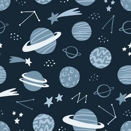 space hand drawn seamless pattern with planets, stars, comets,  constellations. scandinavian design style. space background for textile, fabric etc. vector illustration