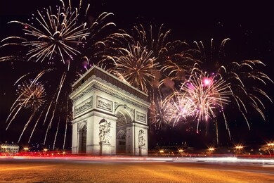 arc de triomphe (paris, france) with fireworks