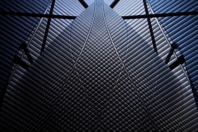 double exposure photo of corrugated wall panels. office building exterior or interior fragment. abstract material background of modern architecture, construction industry or technology.