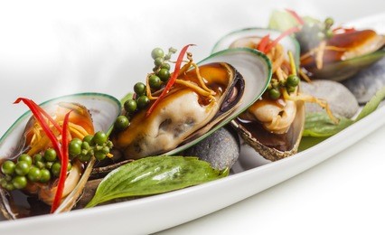 cooked mussels prepared to consume