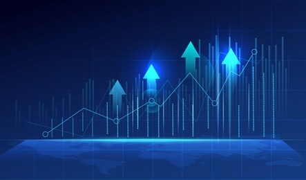 business candle stick graph chart of stock market investment trading on blue background. bullish point, trend of graph. eps10 vector illustration.
