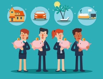successful business men and business women with a piggy bank. 4 icons: house, car, furniture and holiday vacation. saving and investing money. future financial planning concept