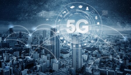 futuristic city with 5g internet and application icons, smart city