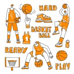 vector lined set of basketball - basketball players, basket, ball, sneakers. vector sport collection in modern doodle, hand draw and line style with orange color. active sport set of basketball