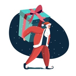 merry christmas and happy holidays santa claus holding huge festive box of present fairy gift, snowing outdoors before xmas greeting congratulation card flyer new year cartoon flat vector illustration