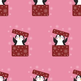 seamless pattern with penguins in the boxes on a pink background