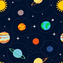 seamless pattern with hand drawn cartoon planets of the solar system. planets with dark blue background with shining stars. children's education, wallpaper, background, wrapping paper or textiles. 