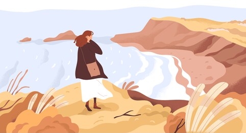 nature exploration flat vector illustration. dreamy woman enjoying scenic landscape. new horizons discovery concept. girl at river coast cartoon character. outdoor activity, autumn walk.