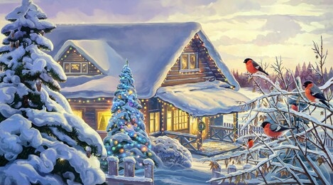 winter rural landscape with festive christmas fir tree and bullfinches.