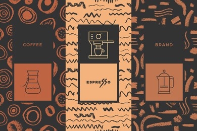 coffee line icon with abstract seamless pattern, vector creative background. coffee shop emblem, cafe menu, packaging design, organic coffee logo, take away coffee, 100% arabica badge.