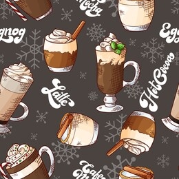 winter seamless pattern. cups with hot drinks on hand drawn style. sketch vector illustration