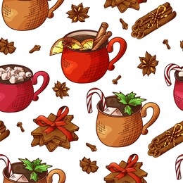 winter seamless pattern. cups with hot drinks on hand drawn style. sketch vector illustration